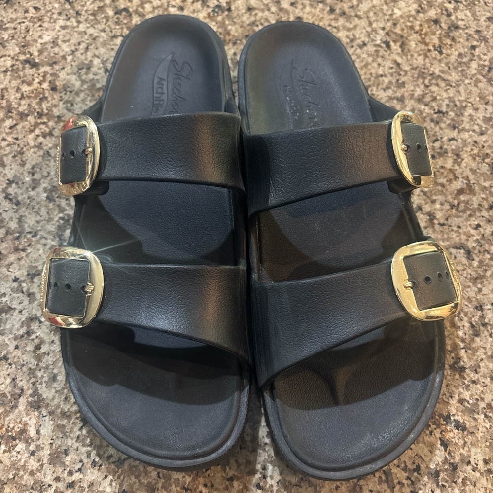 Skechers Black Sandals with Gold Buckles